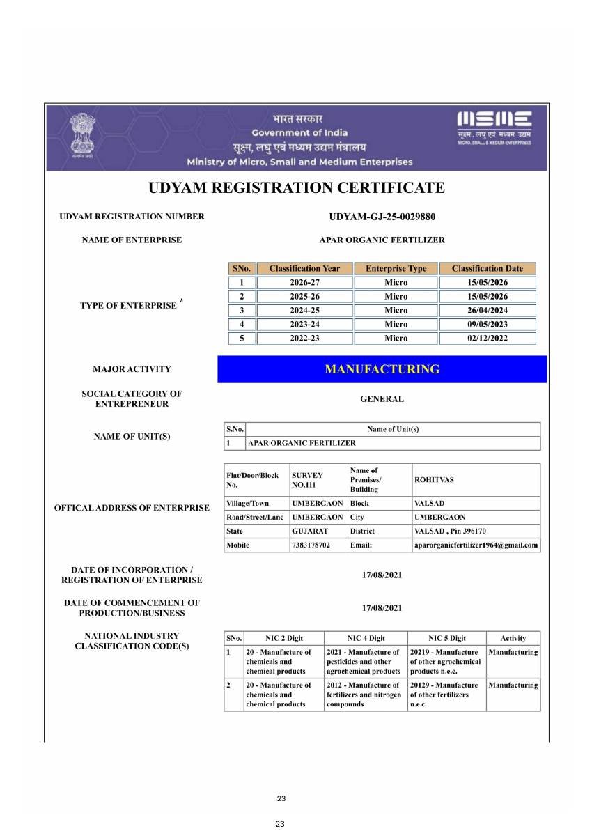 Apar Organic Fertilizer company registration document